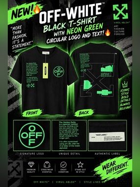 Off-White Black T-Shirt with Neon Green Circular Logo and Text!🔥New! Size: XL